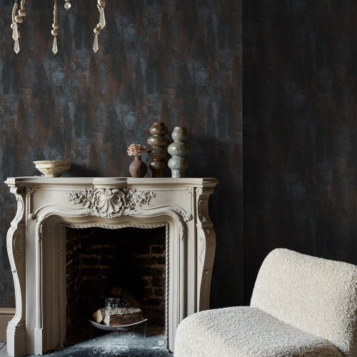Room styled with Abigail Ahern Oxidized Opulence Nightfall wallpaper in a bold, modern interior