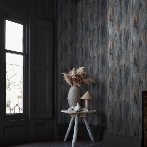 Second room view of Abigail Ahern Wanderlust Ink wallpaper with layered, atmospheric decor