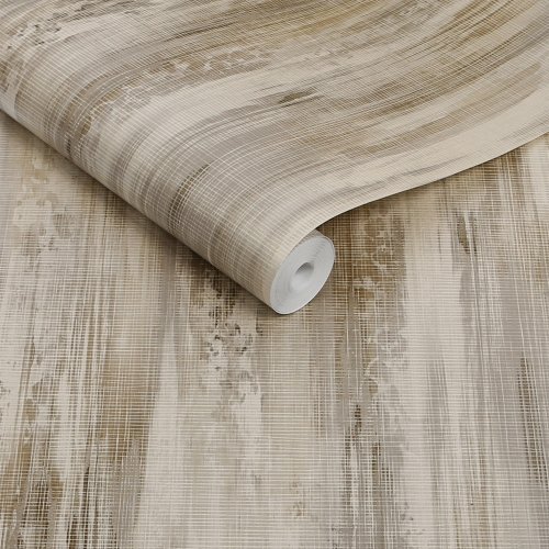 Roll shot of Abigail Ahern Wanderlust Oyster wallpaper showing shimmer and fibre texture