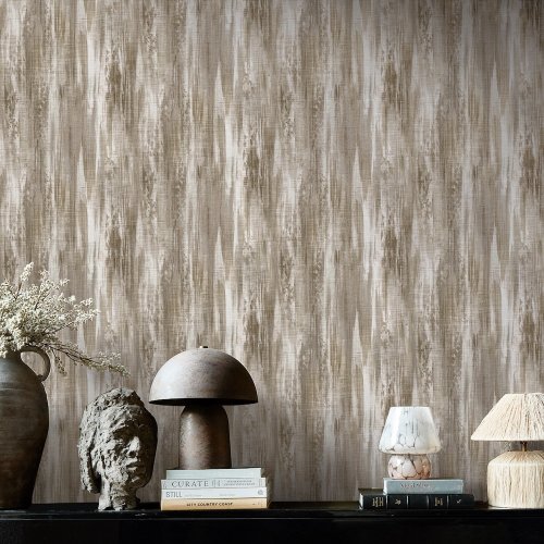 Room styled with Abigail Ahern Wanderlust Oyster wallpaper in a soft, luxurious interior