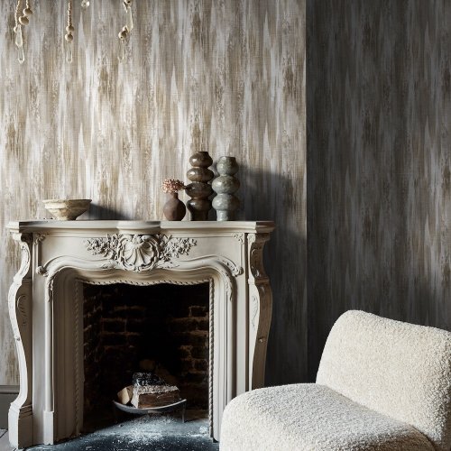 Second room view of Abigail Ahern Wanderlust Oyster wallpaper with elegant, light decor
