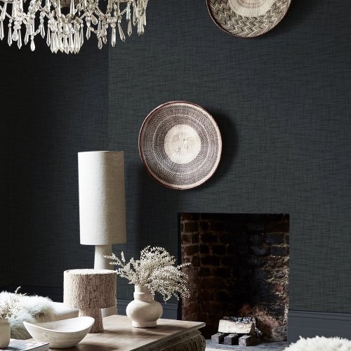 Room styled with Abigail Ahern Weathered Linen Midnight wallpaper for a cosy, dramatic look