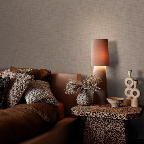 oom styled with Abigail Ahern Weathered Linen Stone wallpaper for a calming, rustic look