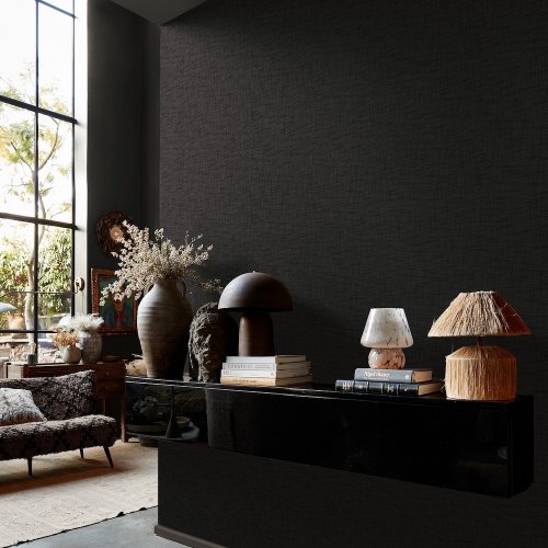 Second room view of Abigail Ahern Weathered Linen Tattoo wallpaper with moody, refined styling