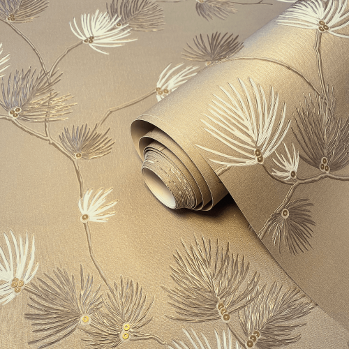 Pine branch pattern on luxury champagne wallpaper