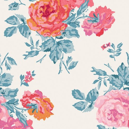 Archive Rose Blue & Pink wallpaper swatch with vintage roses and teal-toned foliage on a cream background.