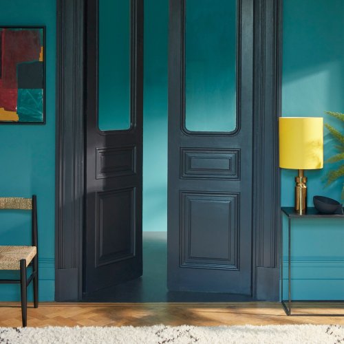 Interior room painted in Craig & Rose French Turquoise with Art Deco styling