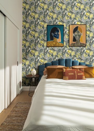 A Street Prints Meyer Taupe & Yellow Wallpaper Room