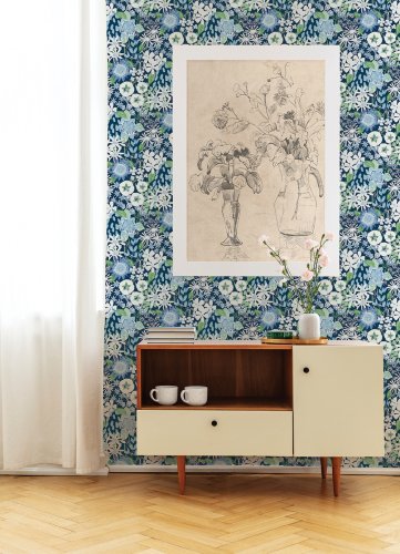 A Street Prints Karina Light Grey and Blue Wallpaper Room