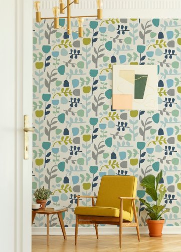 A Street Prints Juni Blue & Orange Wallpaper Room