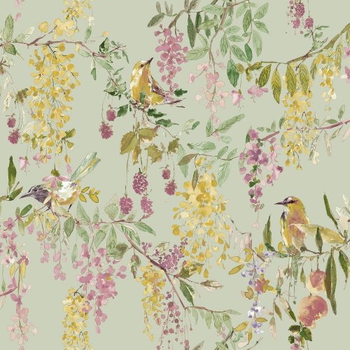 Paul Moneypenny Floral Hall green wallpaper roll shot with tropical jungle design and colourful birds.