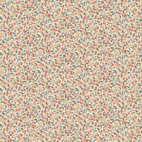 Laura Ashley Devrons Grove Terracotta wallpaper with fruit and leaf motifs.
