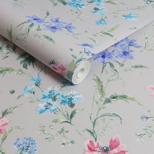 Laura Ashley Poppy Meadow Pale Violet Wallpaper with delicate flower pattern and lush green leaves.