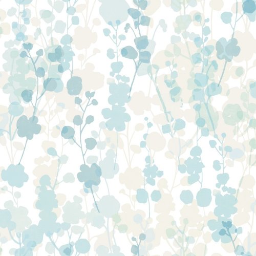 Blossom Seascape Wallpaper with soft watercolour florals in calming blue and aqua tones.