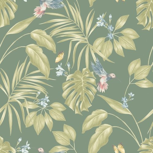 Hummingbird Forest Wallpaper featuring lush greenery, delicate hummingbirds, and tropical foliage.