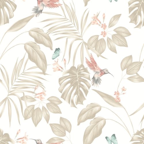 Hummingbird Oyster Wallpaper with soft tropical leaves, pink flowers, and graceful hummingbirds.