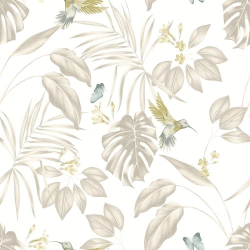 Hummingbird Pearl Wallpaper featuring graceful hummingbirds, tropical foliage, and golden flowers on a soft pearl background.