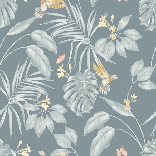 Hummingbird Petrol Wallpaper with a deep blue background, soft botanical leaves, and elegant hummingbirds.
