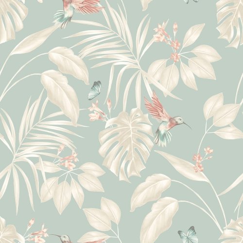 Hummingbird Rich Duck Egg Wallpaper with soft blue tones, botanical leaves, and elegant hummingbirds.
