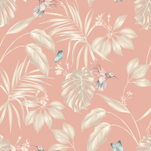 Hummingbird Rosewood Wallpaper with delicate birds, botanical leaves, and soft floral accents on a warm rosewood background.
