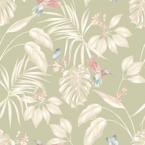 Hummingbird Sage Wallpaper featuring soft green tones, tropical leaves, and delicate hummingbirds in flight.