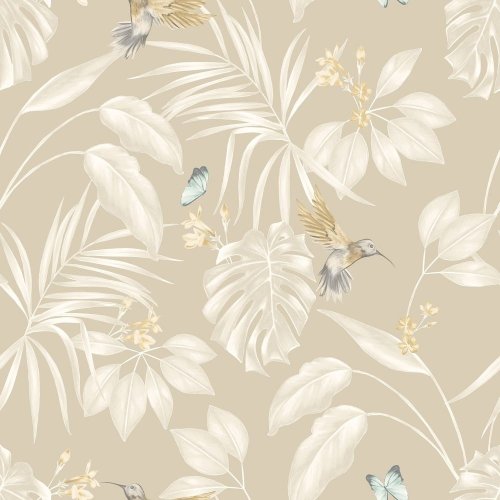 Hummingbird Straw Wallpaper featuring tropical leaves, yellow flowers, and hummingbirds in soft straw tones.
