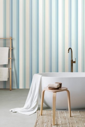 Modern striped wallpaper featuring cool blue and beige tones.