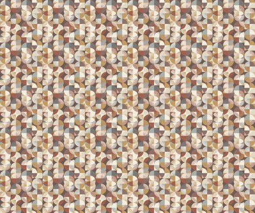 Contemporary abstract wallpaper in terracotta, mustard, and blue.
