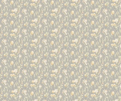 Pomegranate and leaf wallpaper in muted grey and yellow tone