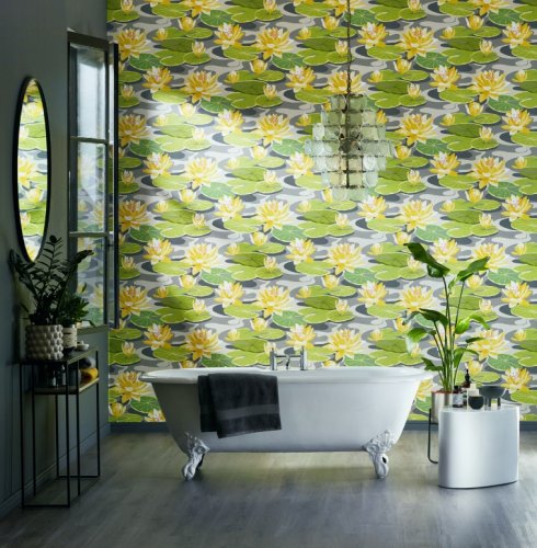OHPOPSI Waterlily Charcoal & Mustard Wallpaper IKA50105W