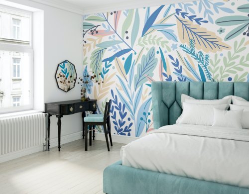 Origin Murals Patterned Leaves Washed Denim Mural Room