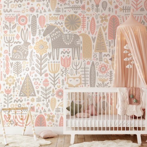 Origin Murals Scandi Forest Animals Blush Pink & Grey Mural Room