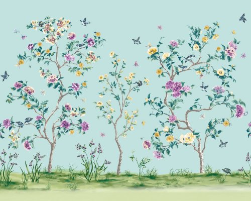 Origin Oriental Flower Tree Blue Mural