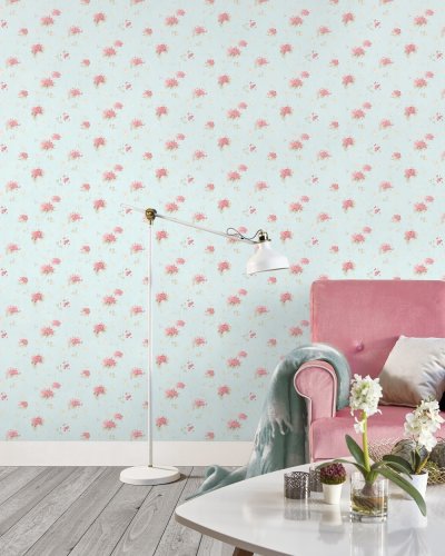 Galerie Pretty Prints Hortensia Trail Teal & Pink Wallpaper Room