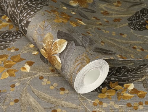 Rasch Curiosity Tropical Plant Bouquet Grey & Ochre Wallpaper