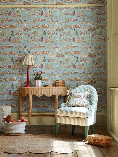 Sanderson Snow White Puddle Blue Wallpaper Room