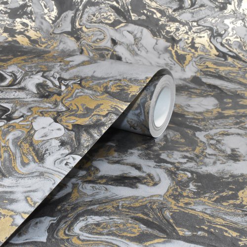 Ugepa Liquid Marble Charcoal and Gold Wallpaper L79809