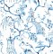 Serena Blue wallpaper flat pattern with chinoiserie cranes, pagodas, and blue branches