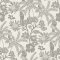 A Street Prints Jacaranda Charcoal Wallpaper botanical pattern featuring palm leaves, tropical flowers, and toucans in dark grey shades.