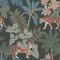 A Street Prints Caspian Blue & Grey Wallpaper with tropical leaves and striking tigers on a deep blue-grey background.