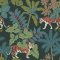 A Street Prints Caspian Green Wallpaper featuring tigers among dense tropical foliage on a rich green background.