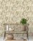 Cream wallpaper with birds and florals styled in a serene living room