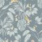 Hummingbird Petrol Wallpaper with a deep blue background, soft botanical leaves, and elegant hummingbirds.